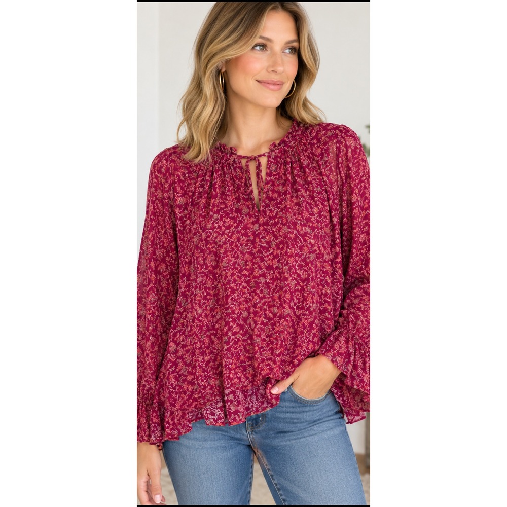 New Directions Womens XXL Burgundy Floral Ruffle Neck Smocked Cuff Blouse Rayon